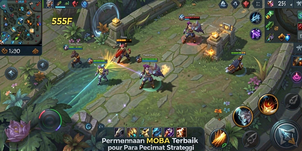Tangkapan layar menampilkan aksi pertempuran intens di 555F MOBA.