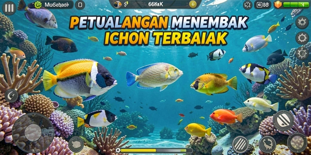 Screenshot gameplay menampilkan aksi menangkap ikan di 66K.