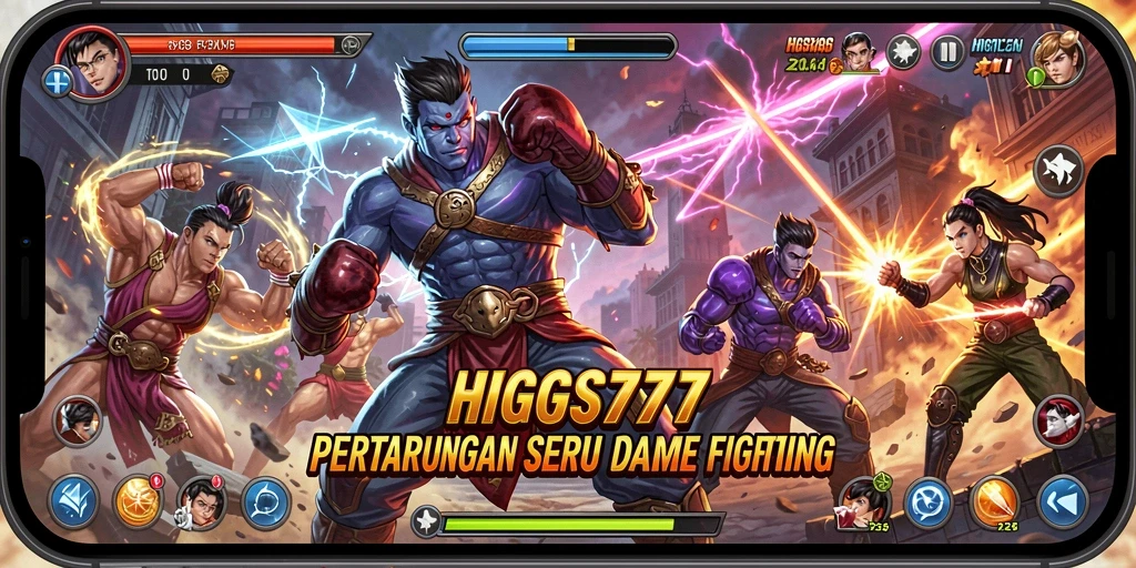 Screenshot HIGGS777 menunjukkan pertarungan seru antara karakter dalam gameplay.