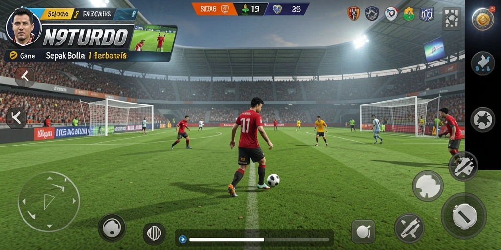 Screenshot gameplay N9TURBO dengan aksi seru di lapangan sepak bola.