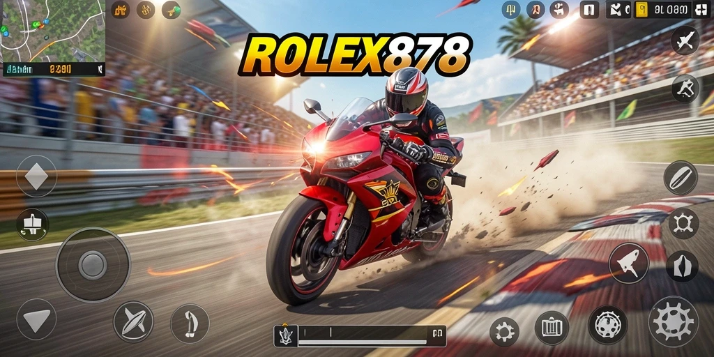 Gambaran gameplay balapan motor yang mendebarkan di ROLEX878.
