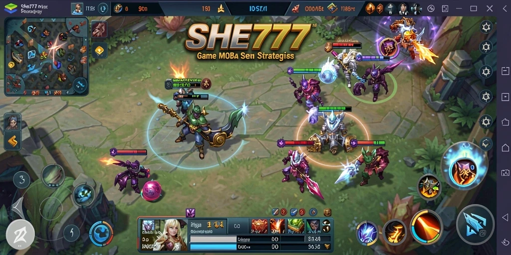 Screenshot gameplay SHE777 dengan karakter bertarung di arena.