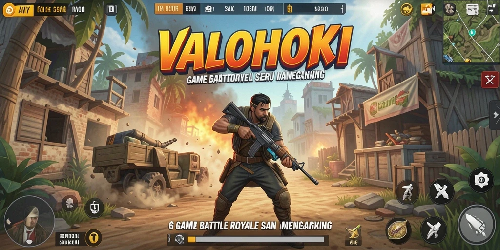 Tangkapan layar utama VALOHOKI menampilkan aksi seru dalam pertempuran Battle Royale.